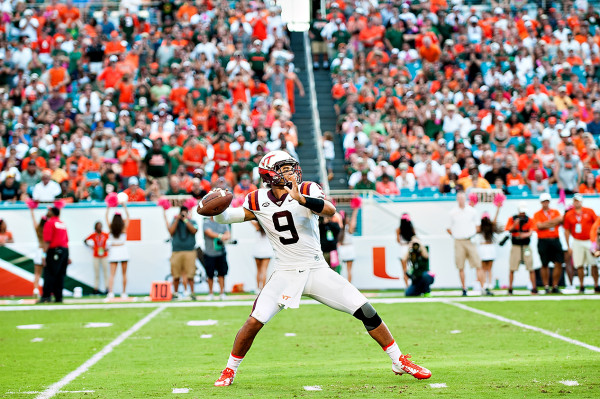 Virginia Tech QB #9, Brenden Motley, throws a pass against Miami Hurricanes