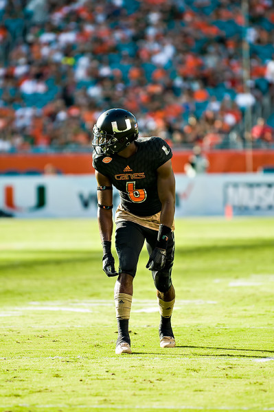 Hurricanes WR Herb Waters lines up for the play