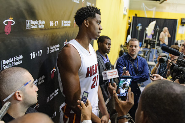 Hassan Whiteside speaks to the media