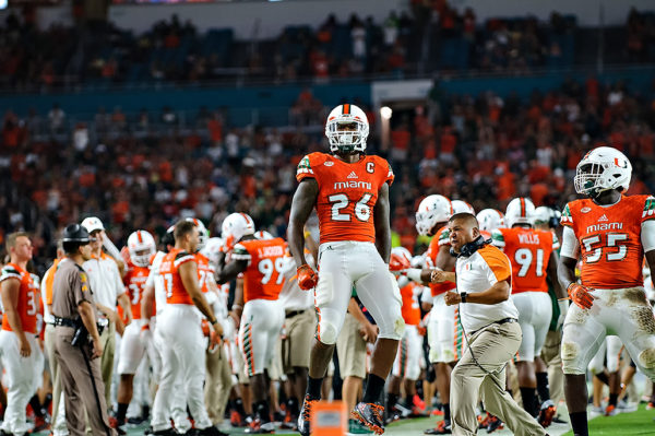 Hurricanes DB, Rayshawn Jenkins, celebrates after his interception