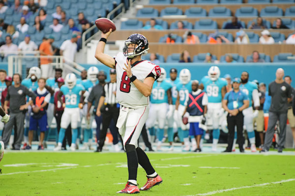 Falcons QB, #8 Matt Schaub, attemps a pass against the Dolphins