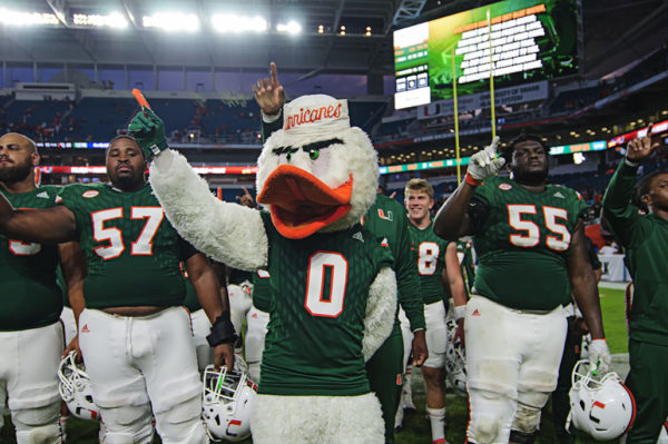 Sebastian the Ibis joins the team after the game