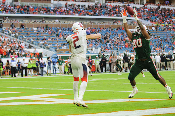 R.J. McIntosh (80) bats down a pass from Eric Dungey