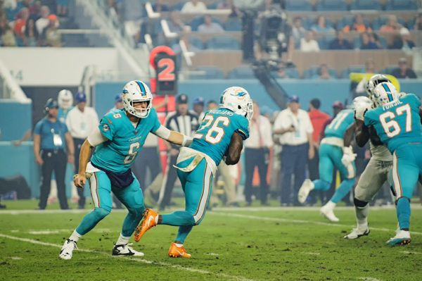 Jay Cutler (6) hands off to Damien Williams (26)