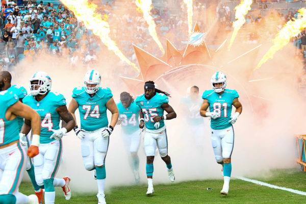 Miami Dolphins players run onto the field