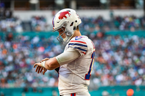 Buffalo Bills quarterback Josh Allen (17) looks at a play