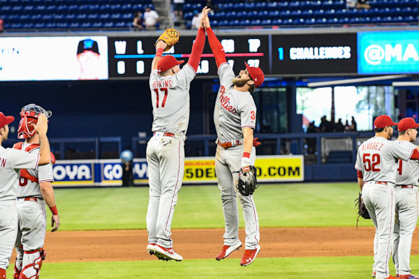 Philadelphia Phillies left fielder Rhys Hoskins (17) and Philadelphia Phillies right fielder Bryce Harper (3) jump to slap hands