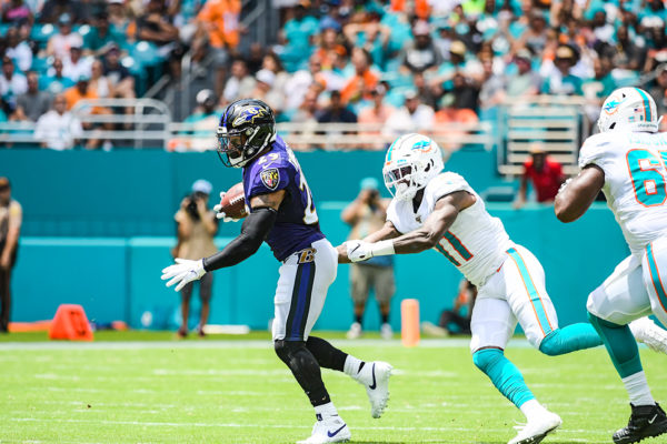 Baltimore Ravens free safety Earl Thomas (29) runs back an interception | Baltimore Ravens vs. Miami Dolphins | September 8, 2019 | Hard Rock Stadium