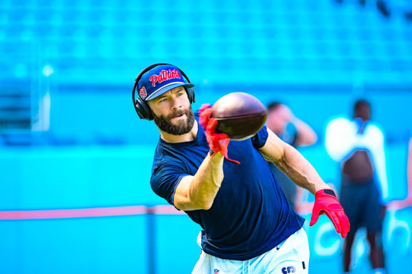 New England Patriots wide receiver Julian Edelman #11 works on 1 handed catches | New England Patriots vs. Miami Dolphins | September 15, 2019 | Hard Rock Stadium